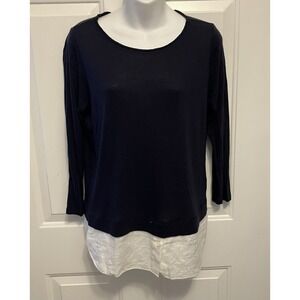 Whyci Milano Sz 44 Medium 3/4 Sleeve Shirt Italy‎ Navy Blue White Linen Women's